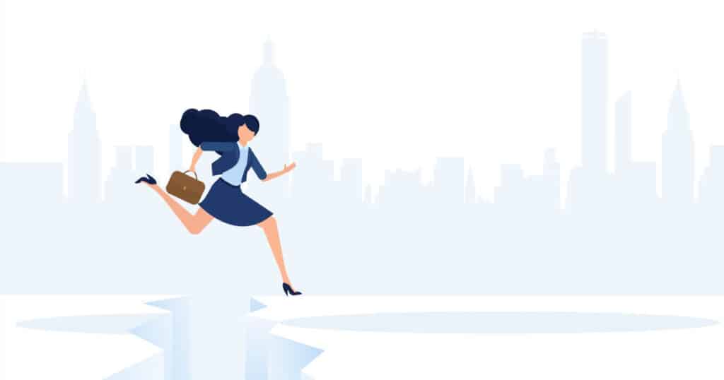 businesswoman jumping over cliff, vector