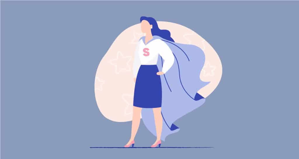 business woman wearing super hero cape with a letter S on her chest, vector