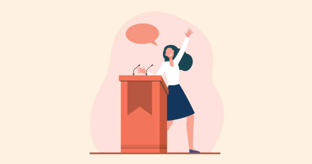 cheerful woman speaking in front of podium, vector