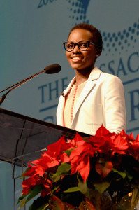 BOSTON, MA - DECEMBER 04: Actress Lupita Nyong'o speaks on stage at the 2014 Massachusetts Conference for Women at Boston Convention & Exhibition Center on December 4, 2014 in Boston, Massachusetts. (Photo by Lisa Lake/Getty Images for Massachusetts Conference for Women)