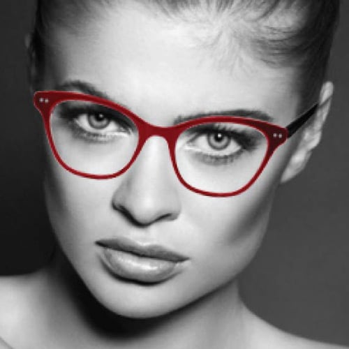 Flutter Eyewear red reading glasses on female model